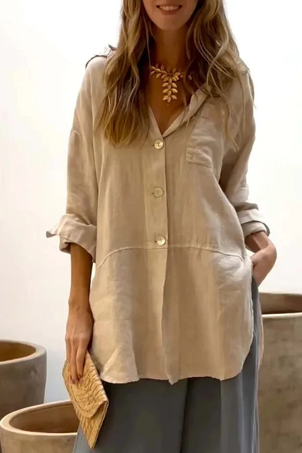 Long Sleeve Button Decor Linen Women Shirt