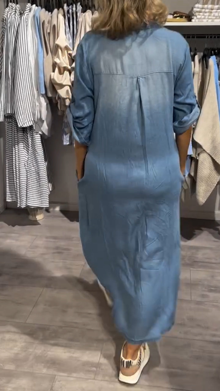 Stylish Women's Lapel Button Long Denim Casual Dress