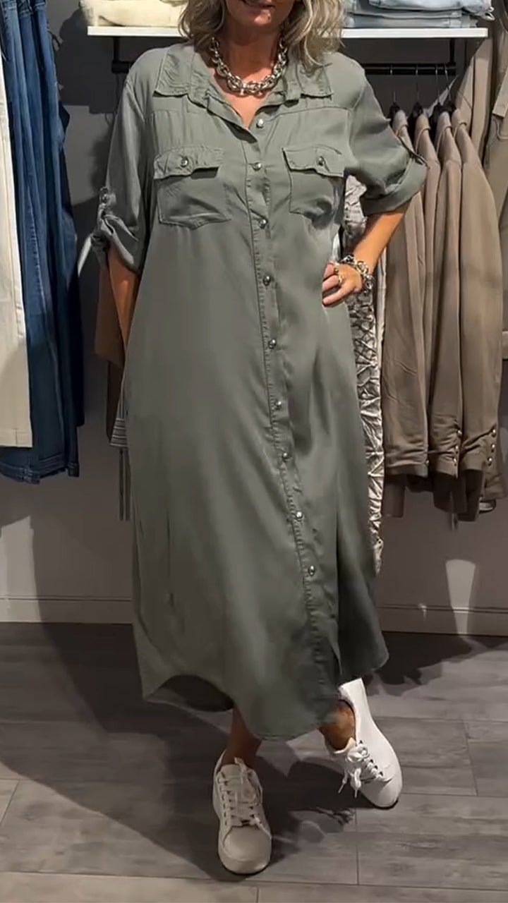 Stylish Women's Lapel Button Long Denim Casual Dress