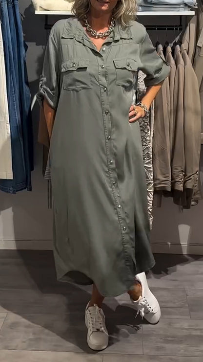 Stylish Women's Lapel Button Long Denim Casual Dress