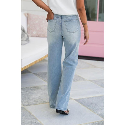 🏆LAST DAY SALE 50% OFF💥Plus Size Vintage Wash Tummy Control Stretchy Top Straight Leg Jeans