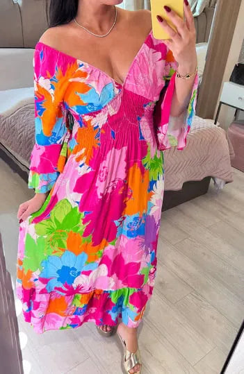 Plus Size V-neck Floral Seaside Vacation Loose Dress🌊