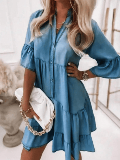 👗V-Neck Ruffle Trim Summer Dress – Lightweight Denim Look
