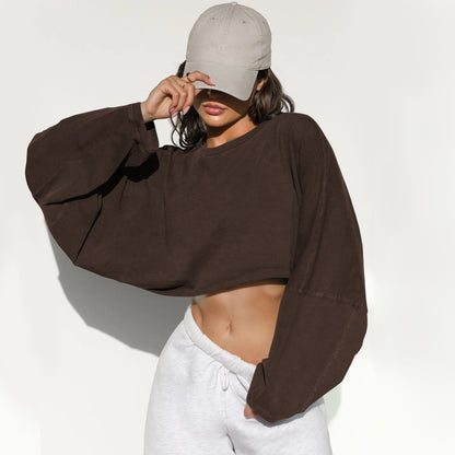 Women Long Sleeve Cropped Sweatshirt Oversized Crew Neck Workout Tops