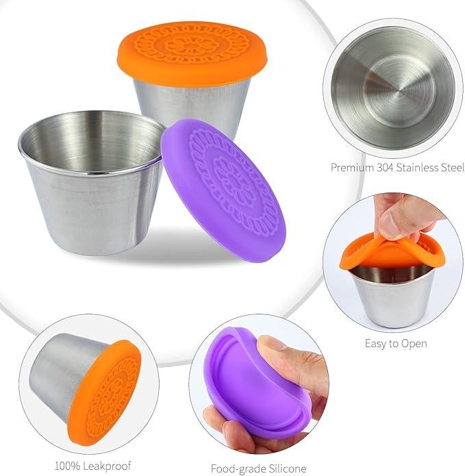 🔥LAST DAY ONLY 49% OFF🔥Set of 6,1.6 oz Small Stainless Steel Sauce Cups With Leakproof Silicone Lids