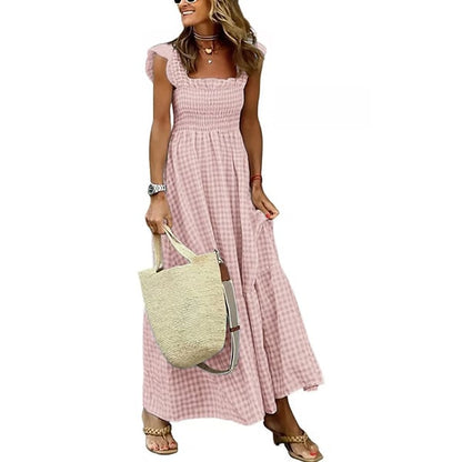 ✨Women's Retro Plaid Smocked Dress Spaghetti Strap Flounce Long Dress