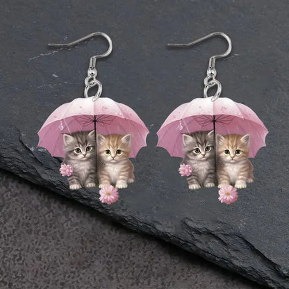🌸 Charming Pink Umbrella Floral Kittens Art Dangle Earrings
