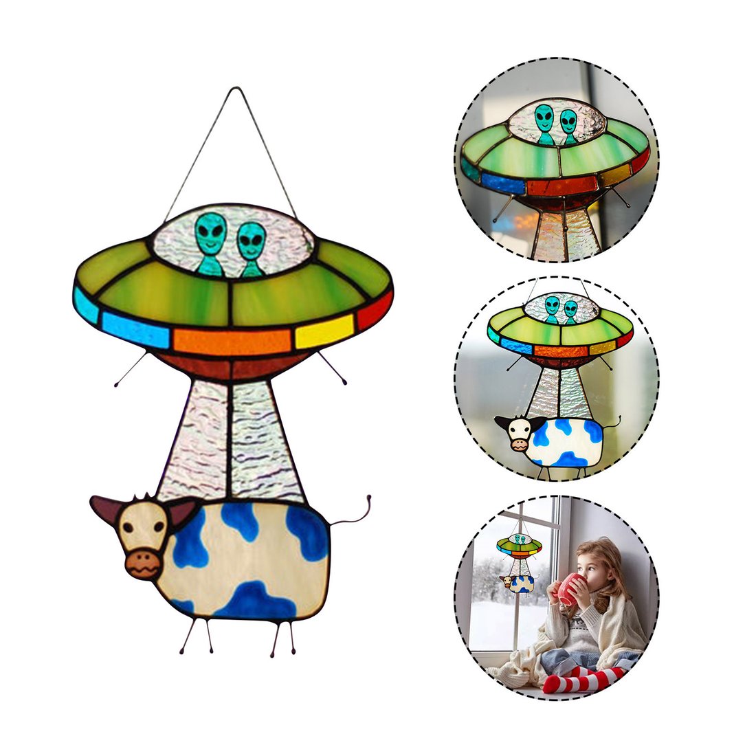 🛸UFO Abduction a Cow Stained Glass Suncatcher