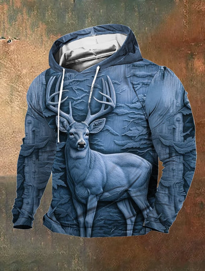 Men's Retro Outdoor 3D Engraved Deer Hunting Print Hooded Sweatshirt