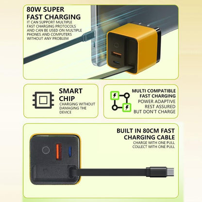3 in 1 GaN Charger,Scalable 80W MAX fast charger module with Type-C cable and 2 USB ports
