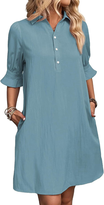 Limited time sale🔥 Womens Casual Shirt Dress Ruffle Sleeve Solid Color Button Down