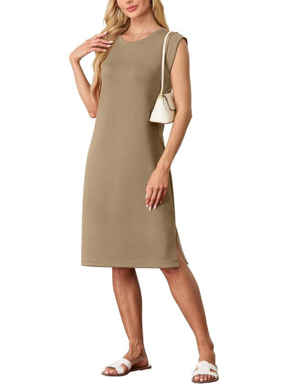 🔥Summer Sale 49% OFF💥Women Round Neck Loose Split Wrinkle-Free Midi Dress with Pockets