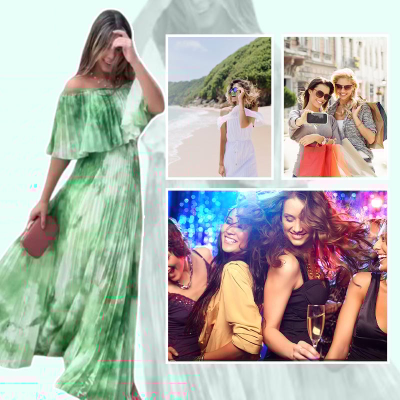 🌿Printed pleated strapless dress for women