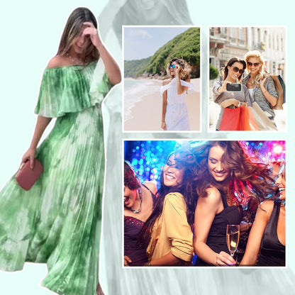 🌿Printed pleated strapless dress for women