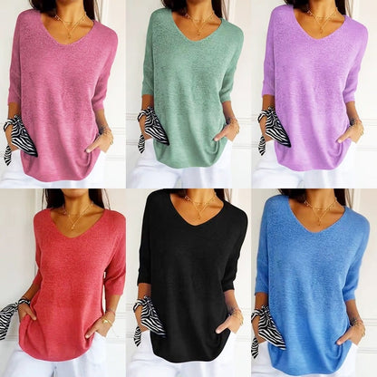 Solid Color Knitted V-neck Top