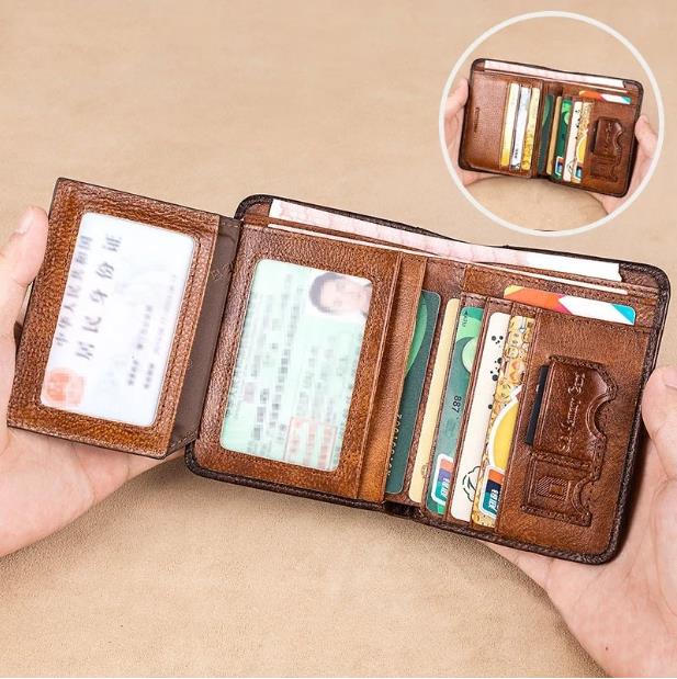 💰RFID Blocking Trifold Mens Wallets 2 ID Windows Cowhide Wallet, Large capacity, Handmade