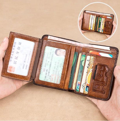 💰RFID Blocking Trifold Mens Wallets 2 ID Windows Cowhide Wallet, Large capacity, Handmade