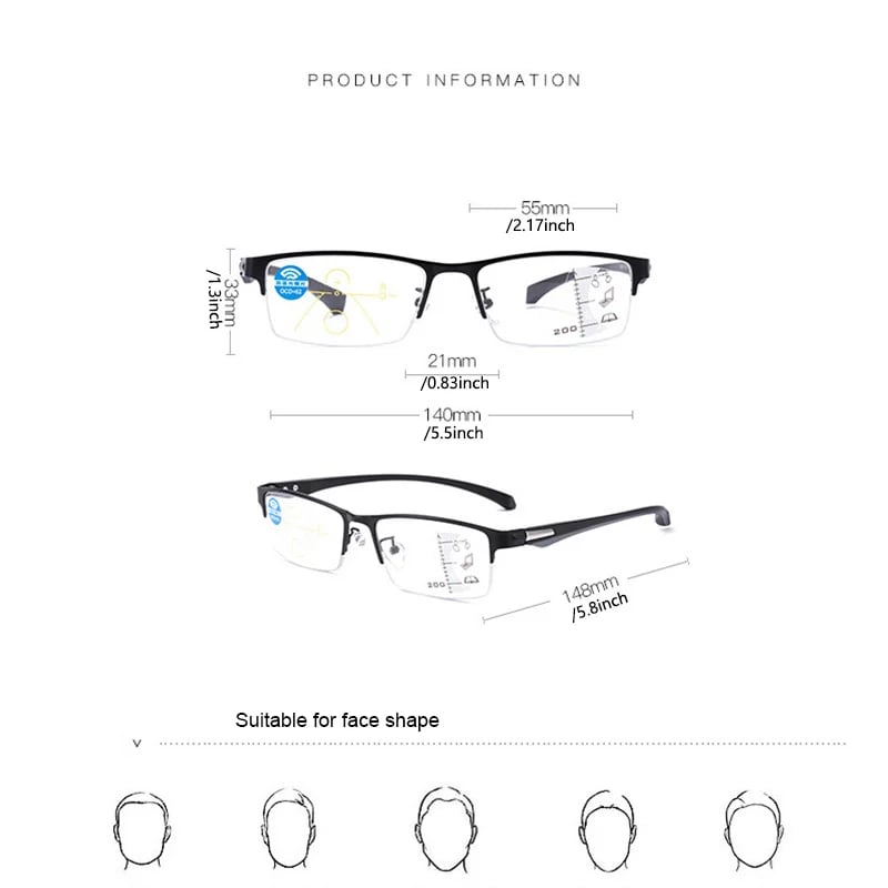 TITANIUM MULTI-FOCUS READING GLASSES PHOTOCHROMIC PROGRESSIVE DOUBLE LIGHT ANTI-BLUE LIGHT
