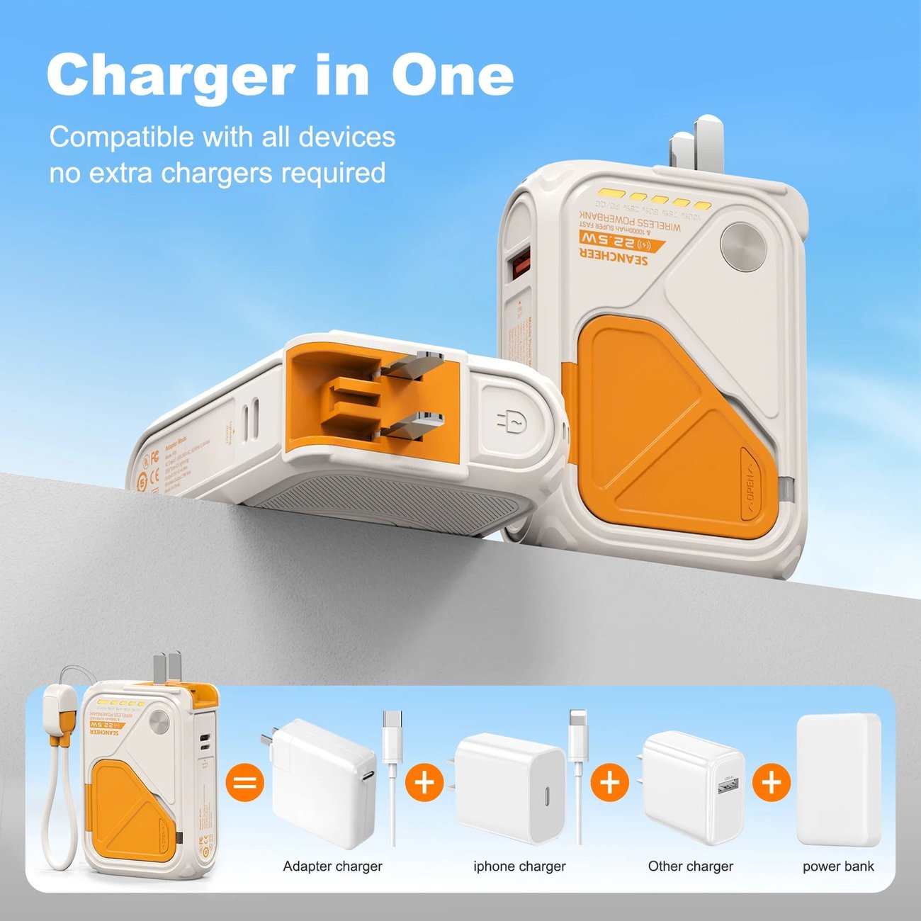 Multi-Functional 10000mAh Portable Wireless+Wired Charging Power Bank