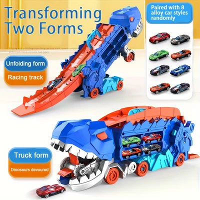 3-in-1 Dinosaur Car Carrier with Racing Track and Die-Cast Cars