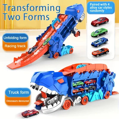 3-in-1 Dinosaur Car Carrier with Racing Track and Die-Cast Cars