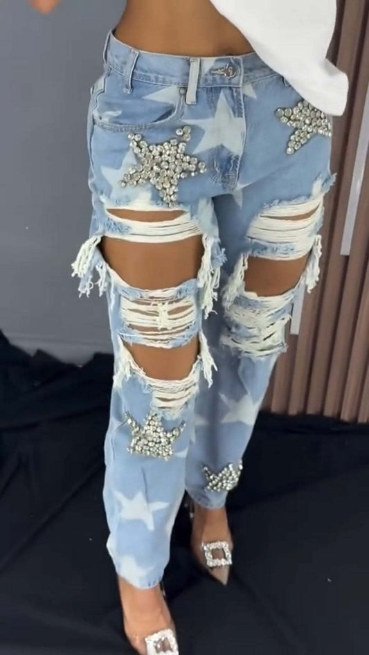 Women's star-studded ripped jeans