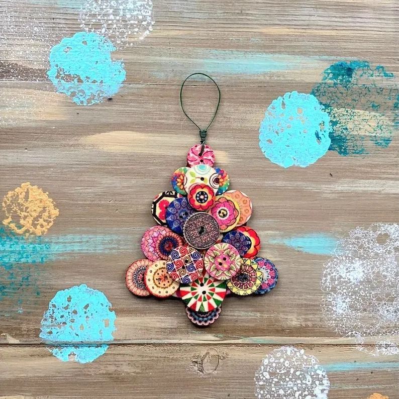 🎄Happy Tree Handmade Button Ornament