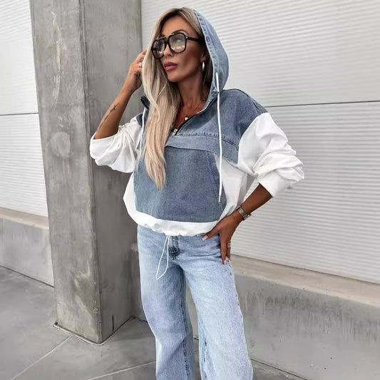 Women's Layered Hoodie Denim Jacket with Drawstring📣