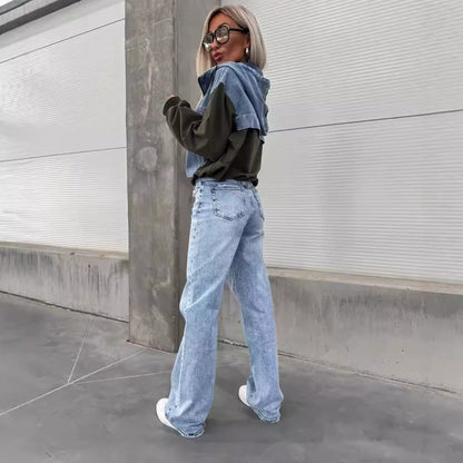 Women's Layered Hoodie Denim Jacket with Drawstring📣