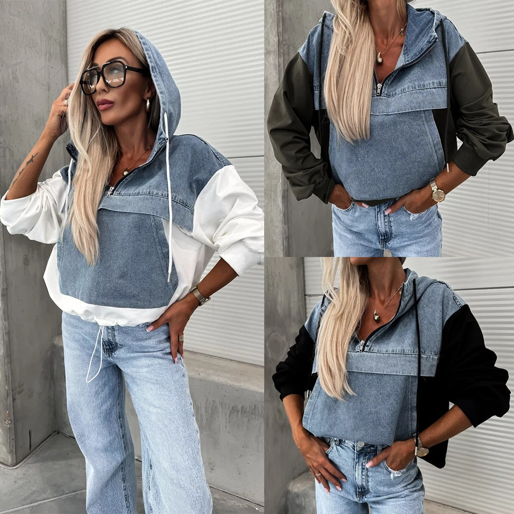 Women's Layered Hoodie Denim Jacket with Drawstring📣