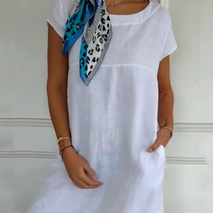 Women's Round Neck Short Sleeve Cotton Linen Dress
