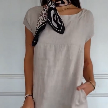 Women's Round Neck Short Sleeve Cotton Linen Dress