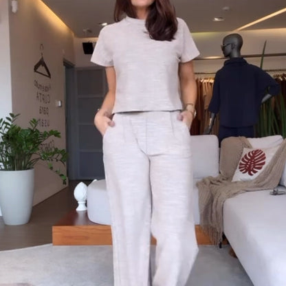 ⏳Limited time 50% off💥Women's two-piece set of plain short-sleeved tops and pants