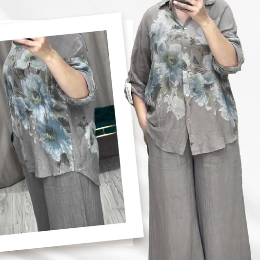 Women's Elegant Floral Print Blouse and Wide Leg Trousers Set