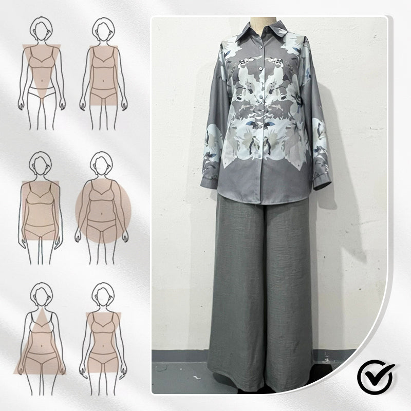 Women's Elegant Floral Print Blouse and Wide Leg Trousers Set