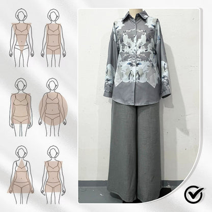 Women's Elegant Floral Print Blouse and Wide Leg Trousers Set